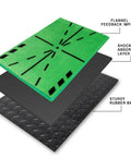 Exploded view of Pro Grade Golf Hitting Mat With Path Feedback To Improve Swing Accuracy, showing velvet grass, absorption, rubber base.