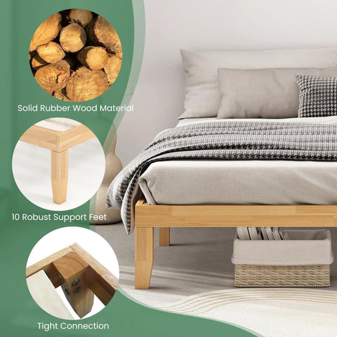 Heavy Duty King Size Wood Platform Bed Frame With Bulletproof Rubber Wood Construction showing solid wood material and support feet.