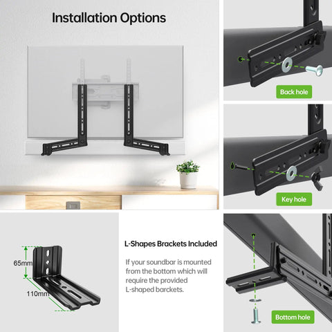 Installation options for Rock Solid Soundbar Mount Bracket. Adjustable design with L-shaped brackets for easy setup.