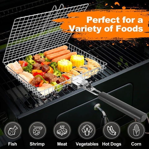 Outdoor Grill Basket For Barbecue Lovers With Removable Handle Portable BBQ Set in use on grill with mixed food