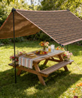 90 Percent UV Blocking Sun Shade Cloth With Grommets For 5x10 Foot Pergola Shade Cover Mesh Tarp For Patio Outdoor Garden Backyard Mocha Color Keeps Your Space Cool And Protects From Sun installed above picnic table in garden