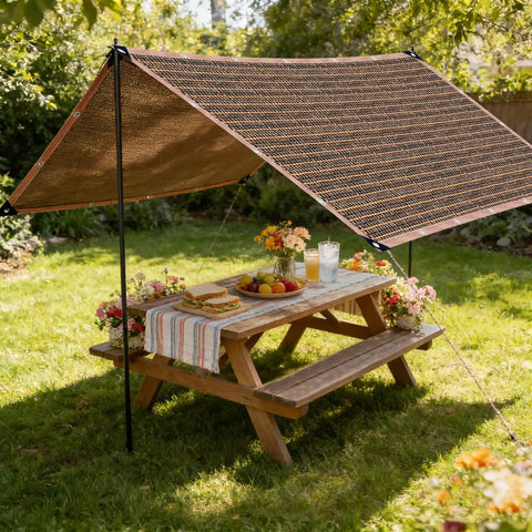 90 Percent UV Blocking Sun Shade Cloth With Grommets For 5x10 Foot Pergola Shade Cover Mesh Tarp For Patio Outdoor Garden Backyard Mocha Color Keeps Your Space Cool And Protects From Sun installed above picnic table in garden