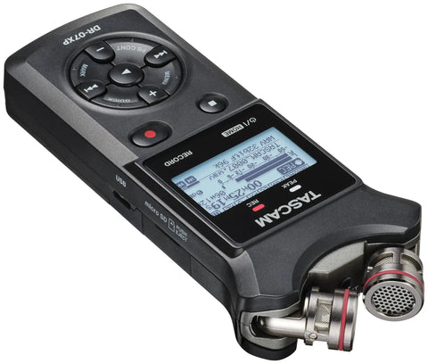 Pro On The Go Grab And Go 32 Bit Float Field Recorder With USB C Audio Interface and adjustable condenser mics shown angled view.
