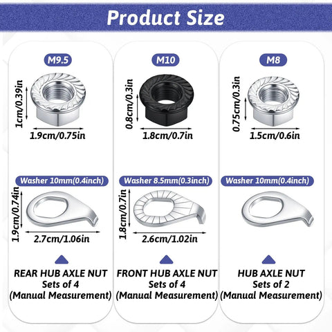 Product size chart for 24Pcs Bicycle Axle Nut Kit With Safety Washers For M8 M9.5 M10 Hubs Flanged Wheel Nuts