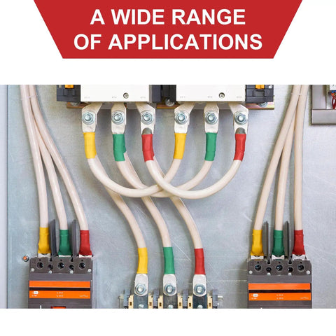 10 Pieces 6 Gauge 5/16 Inch Wire Connectors With Tinned Copper Ring Terminals Marine Grade Battery Lugs Includes 3 To 1 Dual Wall Heat Shrink Tubing For Heavy Duty Secure Electrical Connections connected to panel with color-coded wires showing secure connections in application.