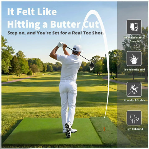 Man practicing swing on Premium Dual Turf Golf Mat 5x4ft Thick 1.57in for Backyard Driving Range Indoor Outdoor Practice