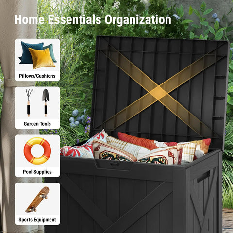 31 Gallon Barn Style Outdoor Deck Box Waterproof Storage Chest With Lockable Lid for patio cushions and garden tools storage