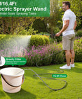 Man using Electric Sprayer Wand For Lawn And Garden, 23.6 Inch Telescopic Battery Powered Sprayer With 3 Spray Modes, 16.4 Ft Hose