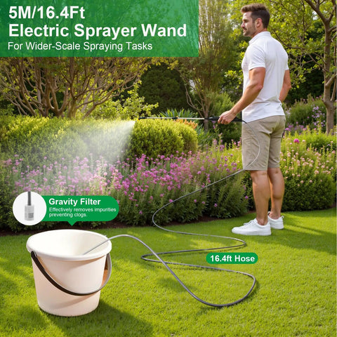 Man using Electric Sprayer Wand For Lawn And Garden, 23.6 Inch Telescopic Battery Powered Sprayer With 3 Spray Modes, 16.4 Ft Hose