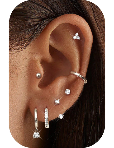 Lightweight Hypoallergenic Silver Earring Stacks For Women 7 Pair Set Lets You Mix And Match CZ Studs Ear Jackets Ball Studs Butterflies Hoops And More In Stainless Steel For Sensitive Ears, side view