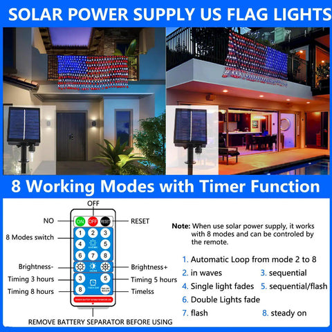 Patriotic Flag String Lights With Solar Or USB Power, 420 LED Net Light For Outdoors in night display, remote modes shown