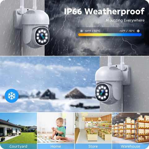 Wireless Home Security Camera System With 8 PTZ Outdoor Cameras And 16CH NVR showing IP66 weatherproof feature in various locations