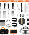 38 Piece Griddle Accessories Kit With Stainless Steel Spatulas And Tongs Smash Burger Press Griddle Chopper Meat Fork Basting Brush Egg Rings Meat Claws Carry Bag Hooks Cleaning Brush For Outdoor BBQ And Backyard Grilling displayed.