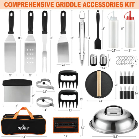38 Piece Griddle Accessories Kit With Stainless Steel Spatulas And Tongs Smash Burger Press Griddle Chopper Meat Fork Basting Brush Egg Rings Meat Claws Carry Bag Hooks Cleaning Brush For Outdoor BBQ And Backyard Grilling displayed.
