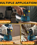 Slick Five Inch Orbital Sander With Six Speed Controls And Killer Dust Collection For Dead Simple Wood And Metal Refinishing At Thirteen Thousand Rpm With Twenty Grit Abrasive Discs Ready To Go in action, showing wood and metal sanding.