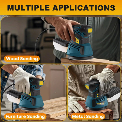 Slick Five Inch Orbital Sander With Six Speed Controls And Killer Dust Collection For Dead Simple Wood And Metal Refinishing At Thirteen Thousand Rpm With Twenty Grit Abrasive Discs Ready To Go in action, showing wood and metal sanding.