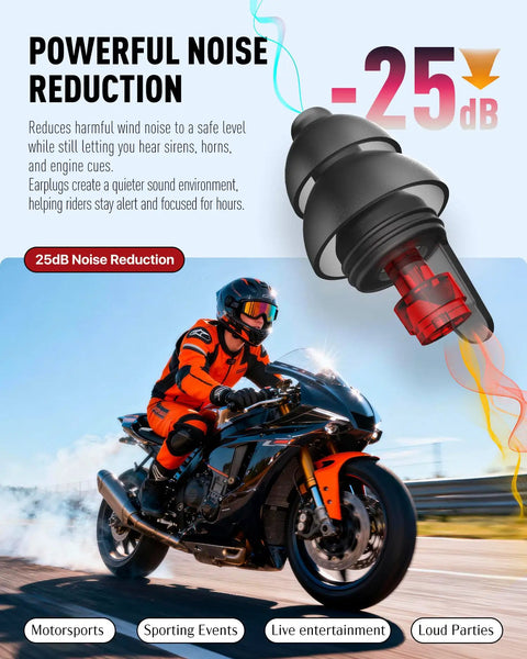 Wind Noise Reducing Ear Plugs For Motorcycles 2 Pairs Reusable Hearing Protection Under Helmet Soft Comfortable Fit For Touring Racing Riding 25dB Noise Reduction With Clear Communication Ideal Biker Gift packaging and ear plugs with motorcyclist in background