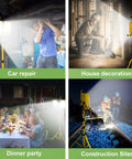 Beastly Bright 25,000 Lumen Dual Head LED Work Light illuminating car repair, house decoration, dinner party, and construction sites.
