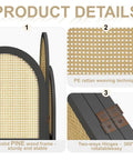 Three Panel Hand Woven Rattan Room Divider With Built Tough Pine Wood Frame No Assembly Needed Tall Foldable Privacy Screen Freestanding Portable Partition For Home Office Living Room Bedroom And Bath Black Wave product details with close-up of pine frame, rattan weave, and hinges.