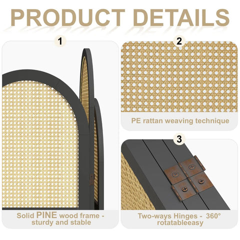 Three Panel Hand Woven Rattan Room Divider With Built Tough Pine Wood Frame No Assembly Needed Tall Foldable Privacy Screen Freestanding Portable Partition For Home Office Living Room Bedroom And Bath Black Wave product details with close-up of pine frame, rattan weave, and hinges.