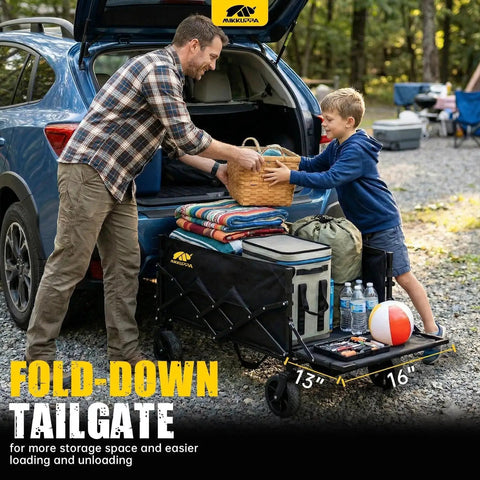 Foldable Wagon Cart With Drop Down Tailgate For Groceries And Gear, Heavy Duty Utility Beach Cart With All Terrain Wheels loaded with camping gear