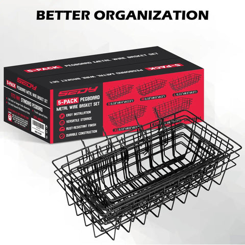 5 Piece Pegboard Baskets Set Heavy Duty Black Metal Wire Organizer Bins displayed with packaging