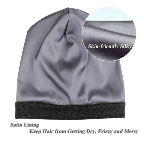 Close-up of Cozy Satin Lined Slouchy Beanie For Women Sleep Cap Night Hair Care Hat showing silky satin lining detail.