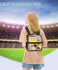 Person wearing Clear Stadium Backpack 12x12x6 With Front Pocket For Concerts And Sports Games Gameday Ready Stadium Approved
