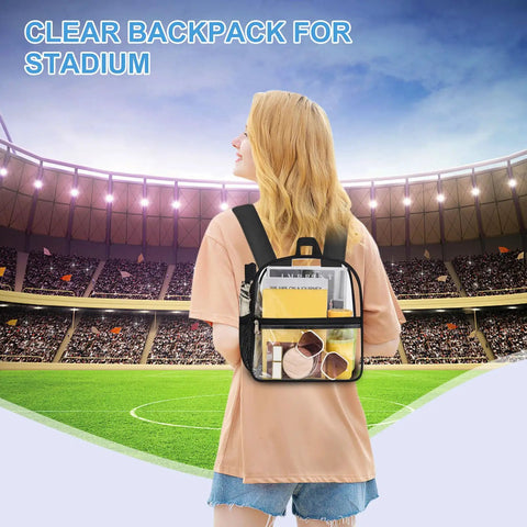 Person wearing Clear Stadium Backpack 12x12x6 With Front Pocket For Concerts And Sports Games Gameday Ready Stadium Approved