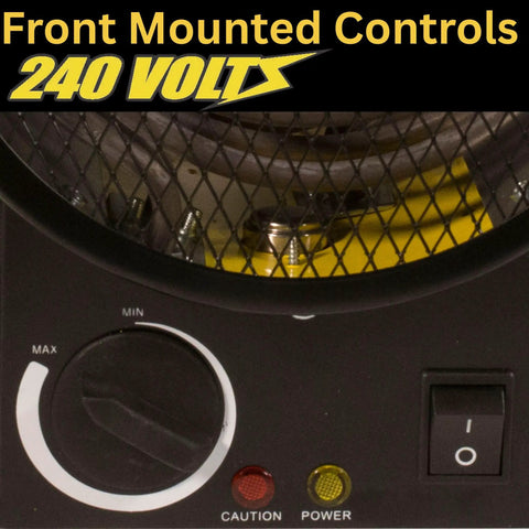 Close-up of front controls on Heavy Duty 240V Electric Forced Air Heater For Garage And Workshop With Wall Or Ceiling Mount Overheat Protection.