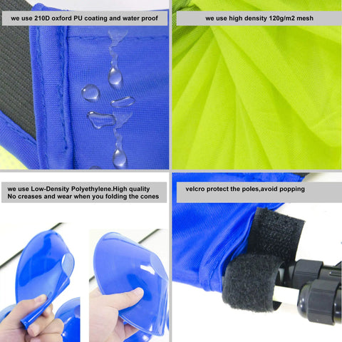 Close-up of Two Pack Pop Up 4Ft Soccer Goals for Kids, Easy Setup, Portable Backyard Training Nets with 8 Field Cones and Stakes, showcasing waterproof coating, mesh, cones, and velcro.