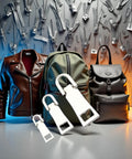 3 Pack Silver Zipper Pull Replacements Set For Luggage, Backpack, Jacket And Coat Repairs with zipper background.