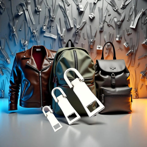 3 Pack Silver Zipper Pull Replacements Set For Luggage, Backpack, Jacket And Coat Repairs with zipper background.