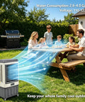 Heavy Duty Evaporative Air Cooler With 5885 CFM Big Blast Airflow And 26 Gal Tank Portable Swamp Cooler 120 Oscillation 3 Speed keeps family cool outdoors.