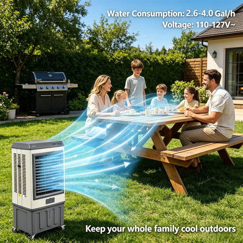 Heavy Duty Evaporative Air Cooler With 5885 CFM Big Blast Airflow And 26 Gal Tank Portable Swamp Cooler 120 Oscillation 3 Speed keeps family cool outdoors.