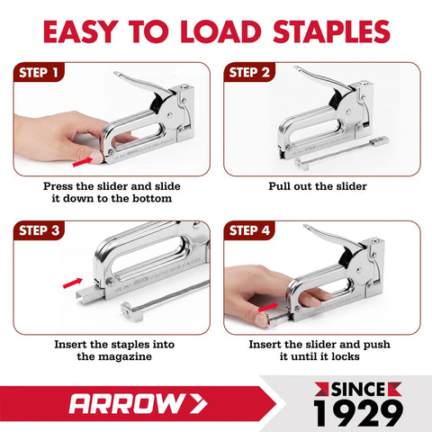 Instruction steps for loading staples into Light Duty Upholstery Staple Gun for home and workshop uses 1/4, 5/16, 3/8 inch staples.