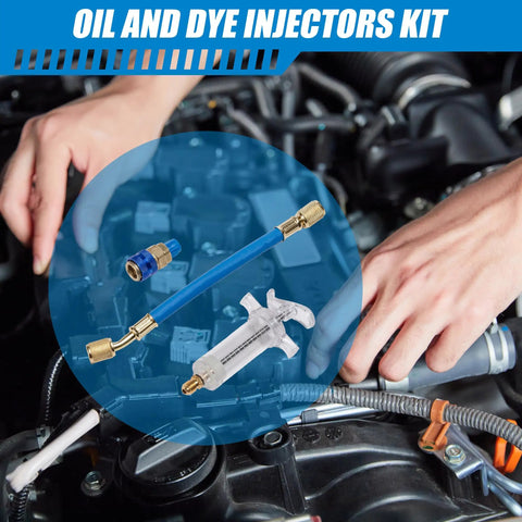 Hand Push Oil And Dye Injector Kit For Car AC Compressor with flexible hose and quick coupler, shown in automotive engine bay.