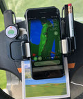Golf Cart Steering Wheel Phone Mount Pro With Spring Loaded Arms And Scorecard Holder Fits Any Phone Two To Three Point Five Inches Easy On Off Made In USA Rotates Up And Down For Convenient Scorekeeping showcasing phone and scorecard.