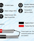 Beefed-Up Heavy Duty 20 Feet 10AWG Solar Panel To SAE Adapter Cable features copper wire and high-quality PVC insulation diagram.
