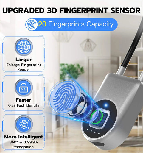Fingerprint Cable Lock With Biometric Unlock 3.6 Inch Shackle Keyless Bluetooth Smart Padlock displaying 3D sensor features