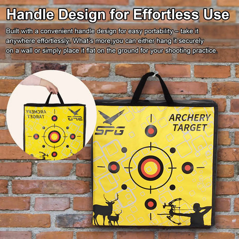 Portable Archery Target Bag With Easy Carry Handles Weatherproof Design Ideal For Backyard Practice Outdoor Hunting And Shooting Training Replacement Target Bag Built From Durable Oxford Fabric hanging on a brick wall