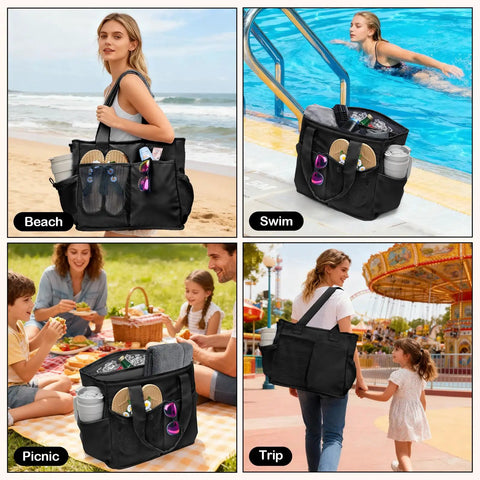 Two In One Soft Cooler Bag with leakproof insulation at beach and picnic, shows 13L insulated compartment and dry storage