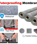 Professional Grade Waterproof Sheet For Floor Underlayment And Foundation Sealing House Flip Easy Cut Flexible Liner for kitchen and roof shown with droplets and flexible cutting options.