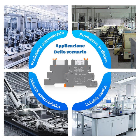 Industrial Grade 24V Relays For DIN Rail Mount in automation and medical applications, showcasing clear LEDs and settings.