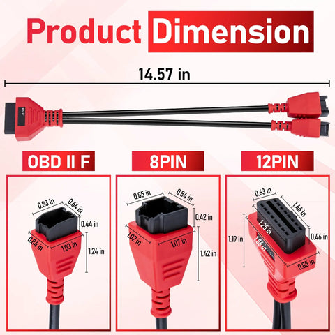 Heavy Duty 12 Plus 8 Pin To OBD2 Diagnostic Adapter Featuring Security Gateway Bypass Cable dimensions with connectors shown.