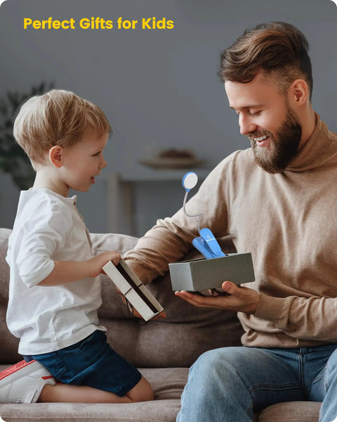 Father and child with book light gift, 16 LED Book Light For Kids With Eye Caring Amber Mode And High CRI 95 Plus Three Color Options.