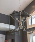 Six Light Sputnik Pendant In Brushed Steel And Glass, Glam Industrial Ceiling Light Fixture in a modern living room setup