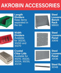 Chart of Akrobin accessories including length dividers, width dividers, clear lids, steel louvered panels, bench rack, and rail.