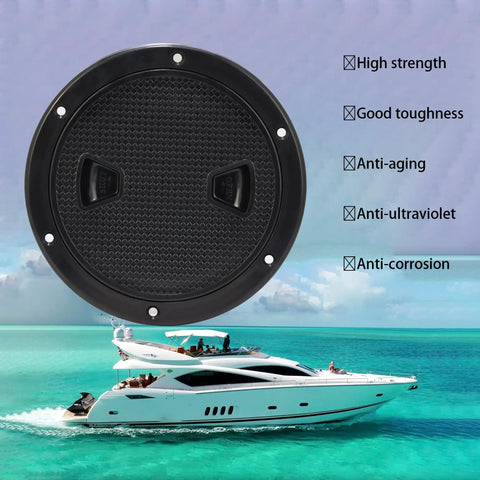 Rock Solid Two Pack Black 4 Inch Round Non Slip Marine Deck Hatch With Detachable Cover And Top Shelf Rubber Seal For Yachts Boats Kayaks And Rv Uv Resistant Abs, top view, textured design.