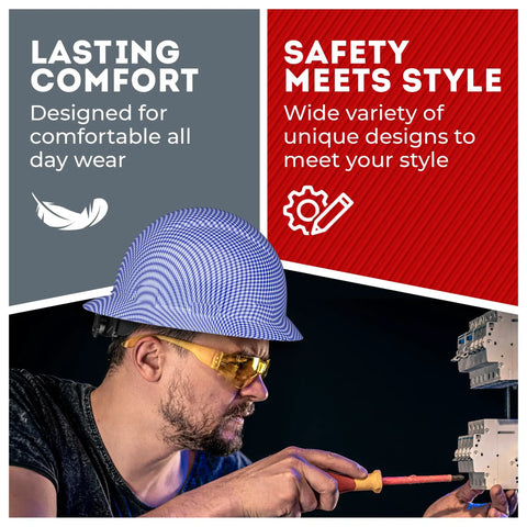 Worker wearing Full Brim Hard Hat With Carbon Fiber Matte Finish, Non-Vented Construction Safety Helmet with tools in background